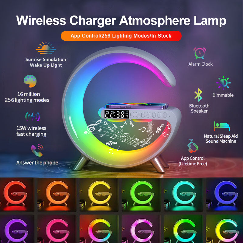 Atmosphere Lamp, Bluetooth Speaker, Wireless Charger and alarm clock